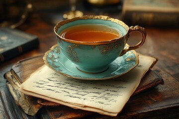 Sticker - A vintage teacup with gold accents sits on a stack of old books, accompanied by a handwritten letter.