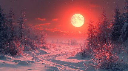 Canvas Print - Snowy Forest Landscape with Red Moon at Night