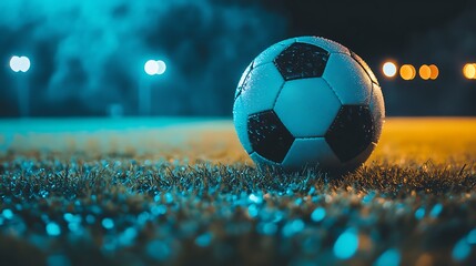 A close-up of a soccer ball on a grassy field at night.