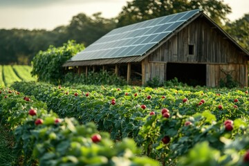 Canvas Print - A rustic wooden barn with solar panels on the roof sits in a field of red-budded plants.