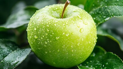 Fresh green apple with water droplets on leaves.