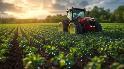 Poster - A red tractor drives through a field of crops at sunset.