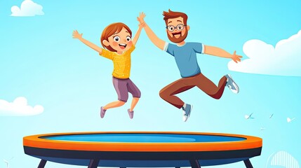 A cartoon parent and child jumping on a trampoline, with plenty of room for copy in the blue sky.