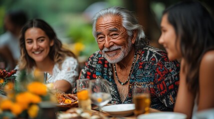 Sticker - A happy senior man smiles while sitting with his family at a dinner table outdoors.