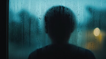 Aufkleber - A lone individual stands by a rain-covered window, lost in introspection as drops trickle down the glass, creating a somber atmosphere. Generative AI