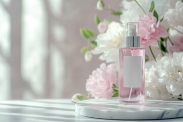 skincare spray product bottle with blank white lable mockup with aesthetic flowers on marble plate