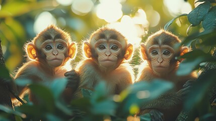 Canvas Print - Three cute monkeys sitting on a tree branch with a warm, golden sunlight shining through the leaves.