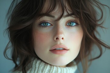 Poster - Close-up portrait of a young woman with blue eyes and light brown hair wearing a white sweater.