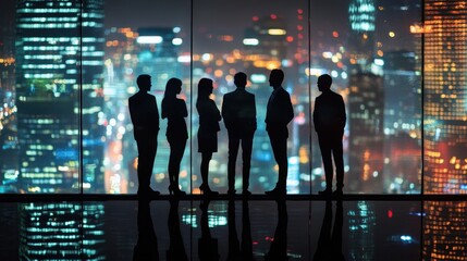 Wall Mural - Silhouetted business team in front of a lit-up city skyline, evoking a sense of corporate ambition and futuristic business culture.