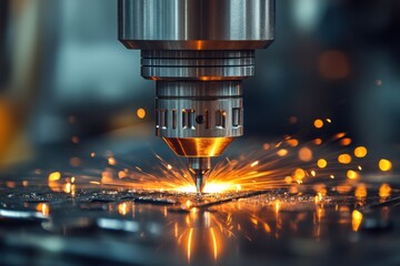 Wall Mural - Close-up of a CNC machine cutting metal with sparks flying.