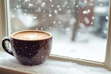 Wall Mural - A Cup of Coffee on a Snowy Windowsill