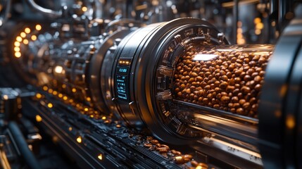 Wall Mural - Close up of coffee beans moving along a futuristic conveyor belt inside a factory.