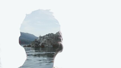 Wall Mural - Isolated combination of the silhouette of a man face and a landscape with mountains and lake. Concept of the connection between man and nature.