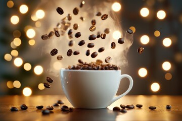 Poster - Coffee Beans Falling into a White Mug with a Festive Blurred Background