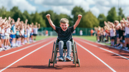 A disabled schoolboy with look of accomplishment celebrates his victory on track, surrounded by cheering supporters. His joyful expression reflects determination and success