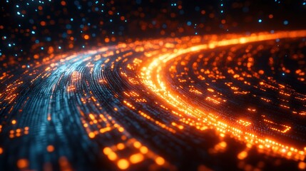 Poster - Abstract glowing digital data stream, swirls of bright orange and blue light on dark background, representing technology, innovation, and digital transformation.