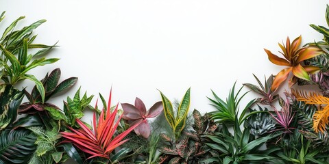 Exotic plant and leaves frame white background copy space