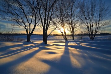 Sticker - Silhouettes of Trees and Shadows in a Snowy Landscape at Sunset