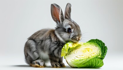 Wall Mural - A small gray rabbit eats cabbage on a white background