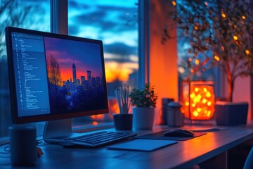 Poster - A computer monitor on a desk with a sunset view of a city skyline.