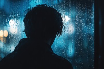 Aufkleber - A lone individual stands by a rain-covered window, lost in thought as drops trickle down, capturing a moment of solitude and reflection. Generative AI