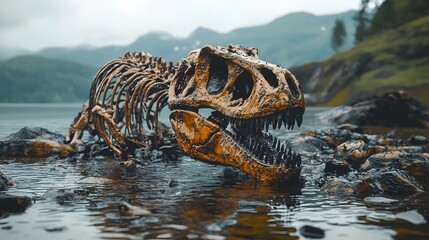 A realistic dinosaur skull fossil resting in a serene lake environment.