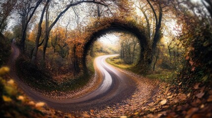 Sticker - Winding Forest Road Through Arch of Trees in Autumn