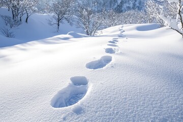 Canvas Print - Footprints in the Snow Leading Up a Snowy Hill