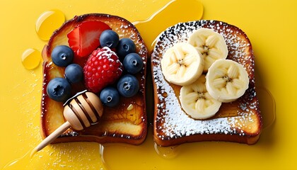 Wall Mural - Delicious French toast stacked with fresh berries, banana, dusted with powdered sugar and drizzled with honey against a bright yellow backdrop