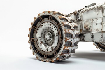 Close up of a rusty lunar rover wheel, highlighting its rugged design and the harsh conditions of space exploration