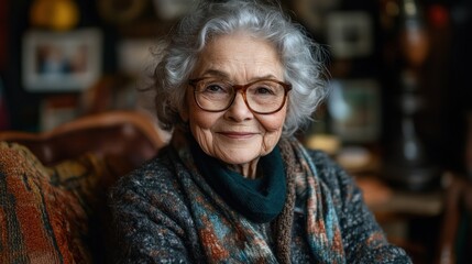 Sticker - A smiling senior woman with gray hair wearing glasses and a scarf, sitting in an armchair.