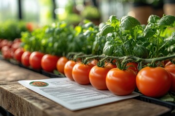 Canvas Print - Ripe red tomatoes growing in a greenhouse setting, with a leaflet in the foreground.