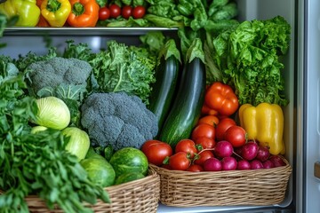 Wall Mural - Fresh produce in wicker baskets. An image showing a selection of fresh vegetables and fruits, perfect for a healthy eating concept.