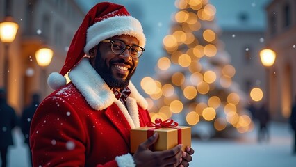 Wall Mural - African american man in santa claus hat with christmas gift