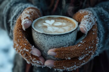 Wall Mural - Hands in Mittens Holding a Steaming Cup of Coffee with a Heart Design