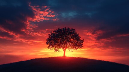 Poster - Silhouette of a lone tree on a hilltop with a fiery sunset sky.