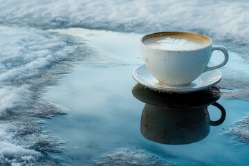 Sticker - A Cup of Coffee Reflecting in a Puddle of Melted Snow