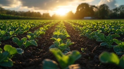 Wall Mural - Rows of young green plants growing in a field at sunset, with the sun shining brightly in the distance.