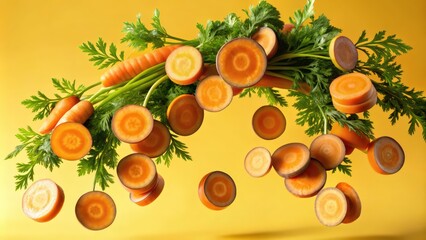 Carrots and Greens Suspended in Mid-Air Against a Yellow Background