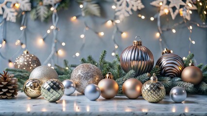 Enchanting Holiday Ornaments: A Sparkling Display Against Lush Greenery