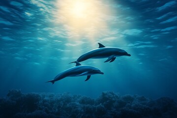 Two dolphins swimming in the deep blue ocean, illuminated by a ray of sunlight