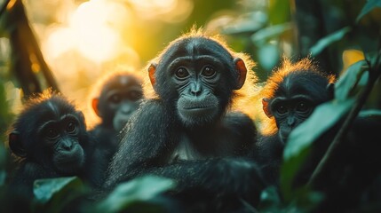 Canvas Print - A group of bonobos sit in a tree, looking at the camera. The sun is shining through the trees behind them.