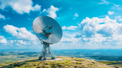 A radar array rotating and scanning sky, searching for signals against backdrop of beautiful clouds and vast landscape. scene evokes sense of technology and exploration