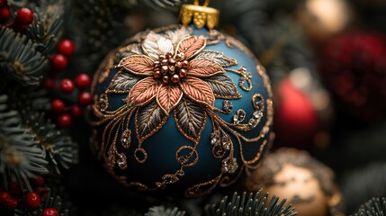 Wall Mural - A close-up of a blue Christmas ornament with a gold and silver floral design, hanging on a Christmas tree.