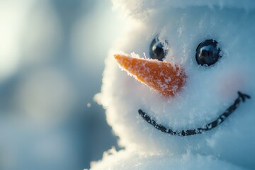 Canvas Print - Close-up of a Snowman's Face with a Carrot Nose and Coal Eyes