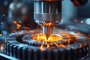 Canvas Print - Close-up of a CNC machine drilling a metal gear with sparks flying.