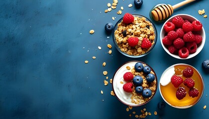 Wall Mural - Vibrant yogurt parfait layered with granola, fresh raspberries, blueberries, and honey against a striking blue backdrop