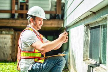 inspector or engineer is checking the building structure and house. After the renovate is complete