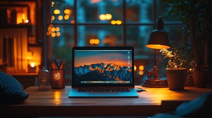 Poster - A laptop computer sits on a desk near a window with a plant and lamp in a cozy home office setting.