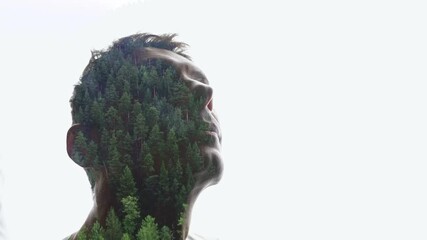 Wall Mural - Isolated combination of the silhouette of a man face and a landscape with mountains and river. Concept of the connection between man and nature